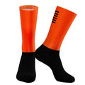 A pair of athletic cycling and running socks in a moisture-wicking fabric blend on a grey background.