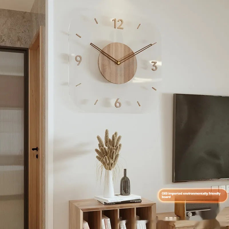 Modern transparent wooden frame wall clock showing 35cm square dimensions on a wall