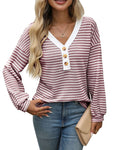Women's V-neck patchwork casual top in loose fit with long sleeves