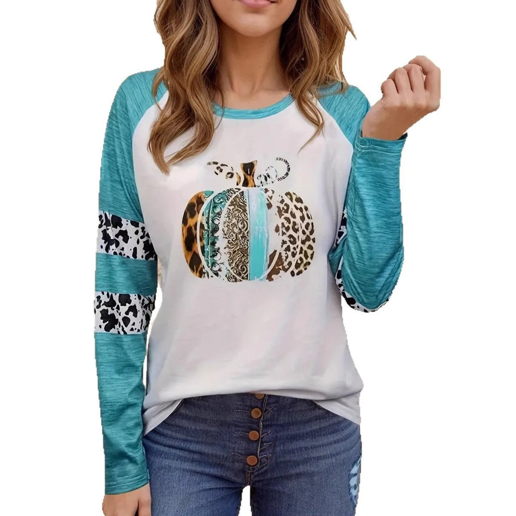 Sky blue casual t-shirt with a large 3D digital print of a Halloween pumpkin on the front.