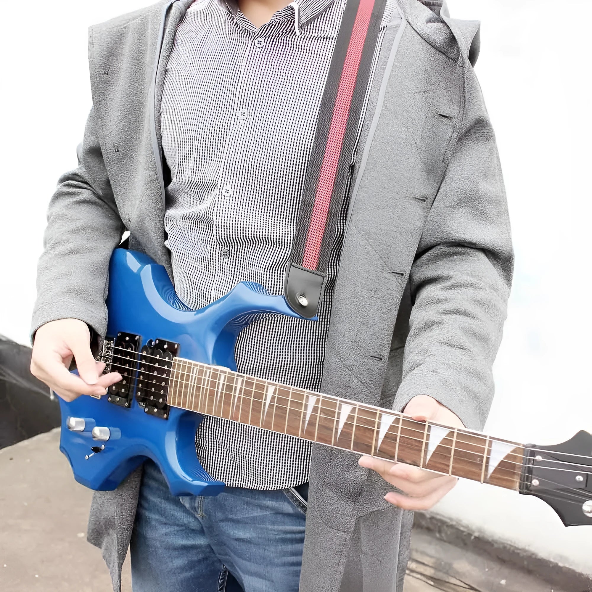 Woven fabric crossbody guitar strap shown in army green, adjustable for electric, bass, acoustic and ukulele.