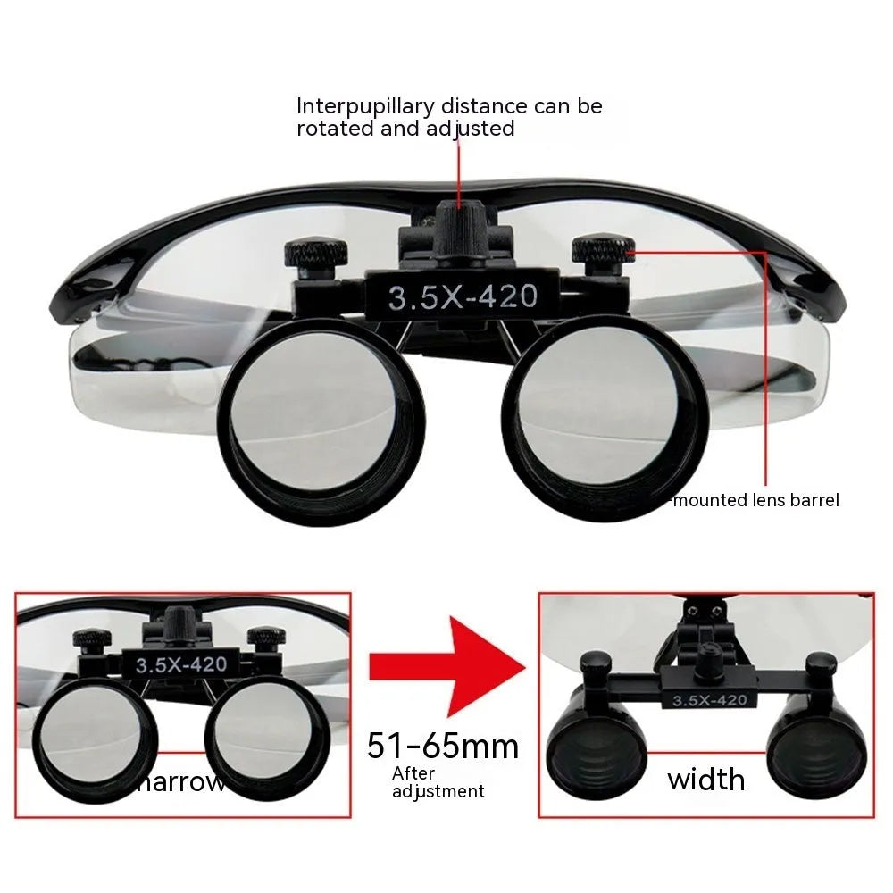 Black head-mounted magnifying glass with LED light on adjustable headband, showing large lenses for dental and close-up work.