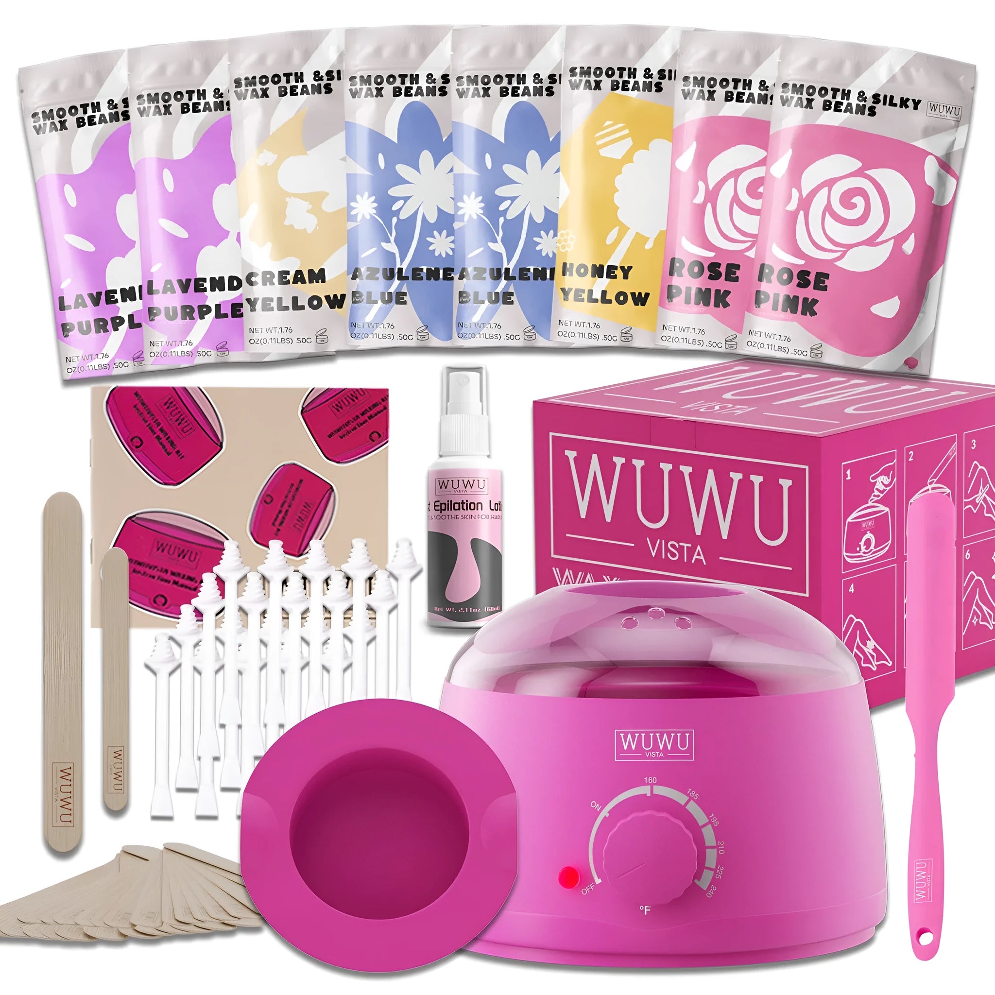 WUWUVISTA 63-piece waxing kit with black wax warmer, wax beads, applicator sticks and aftercare products