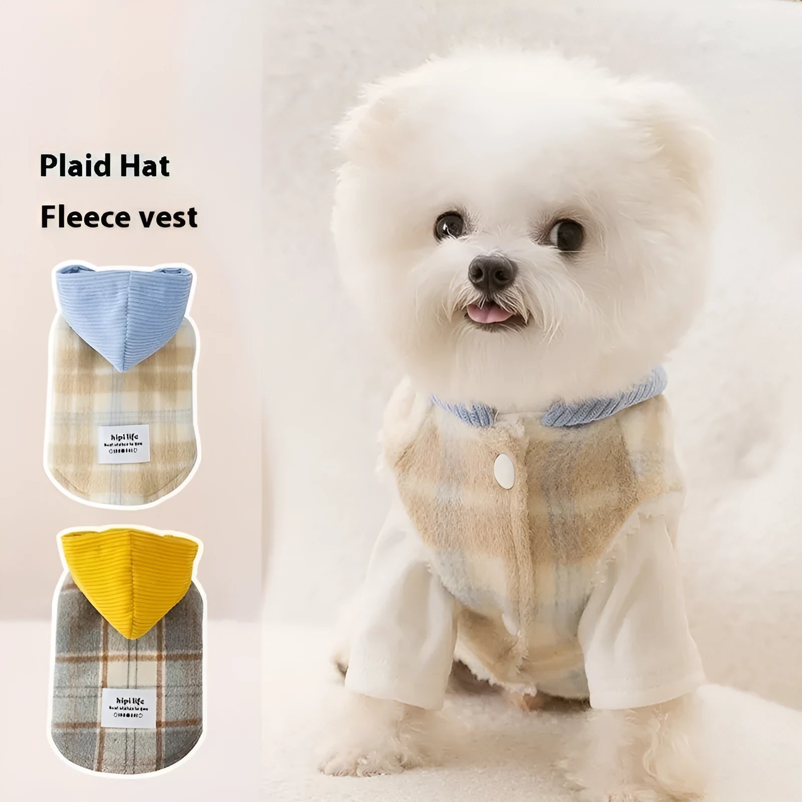 Blue corduroy dog vest with chessboard grid pattern and a hooded traction design.