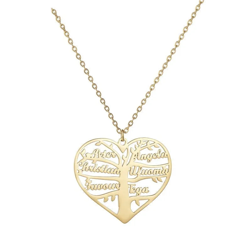 Personalised stainless steel necklace with hollow heart and family tree pendant engraved with names