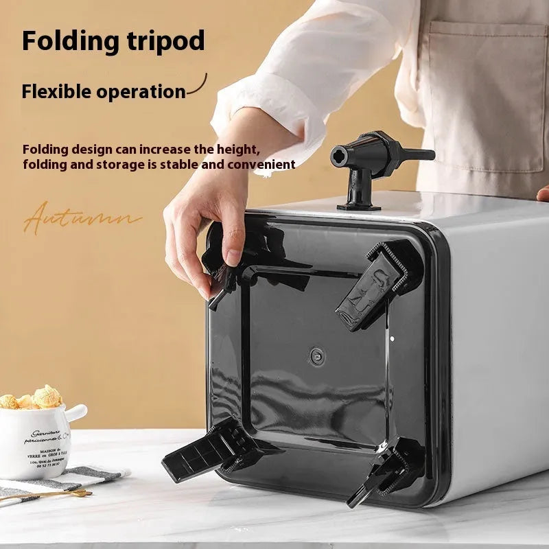 Silver stainless steel milk tea bucket with square lock lid showing 8L capacity for commercial beverage storage