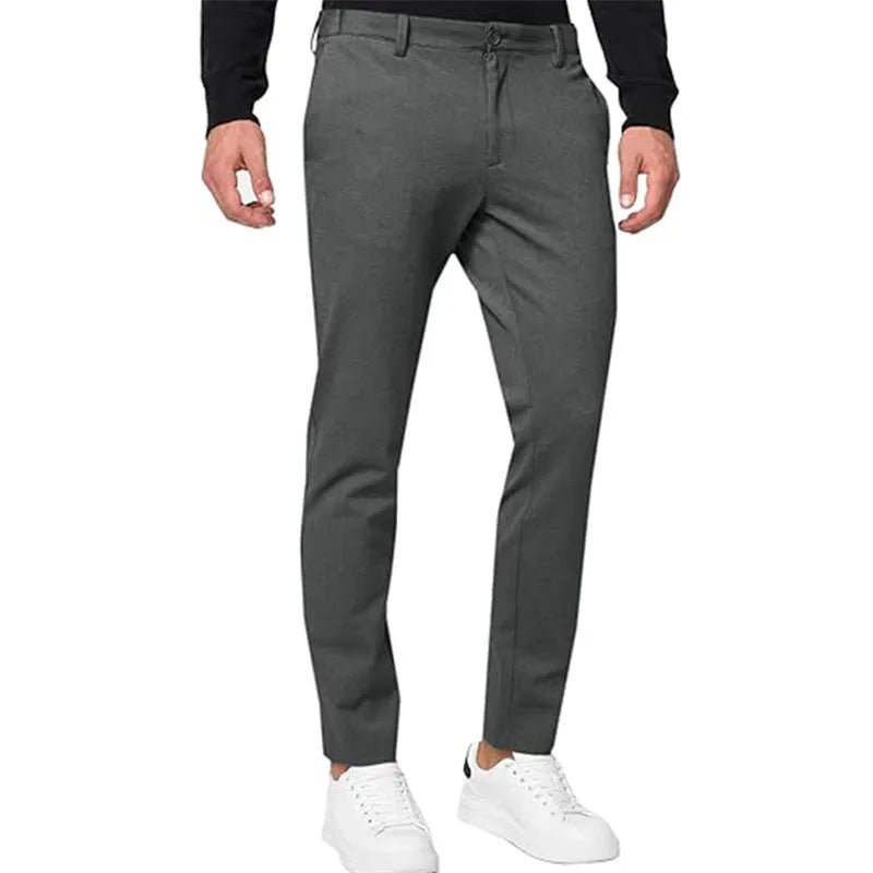 Men's slim-fit tapered chino trousers in stretch cotton blend fabric showing army green colour option