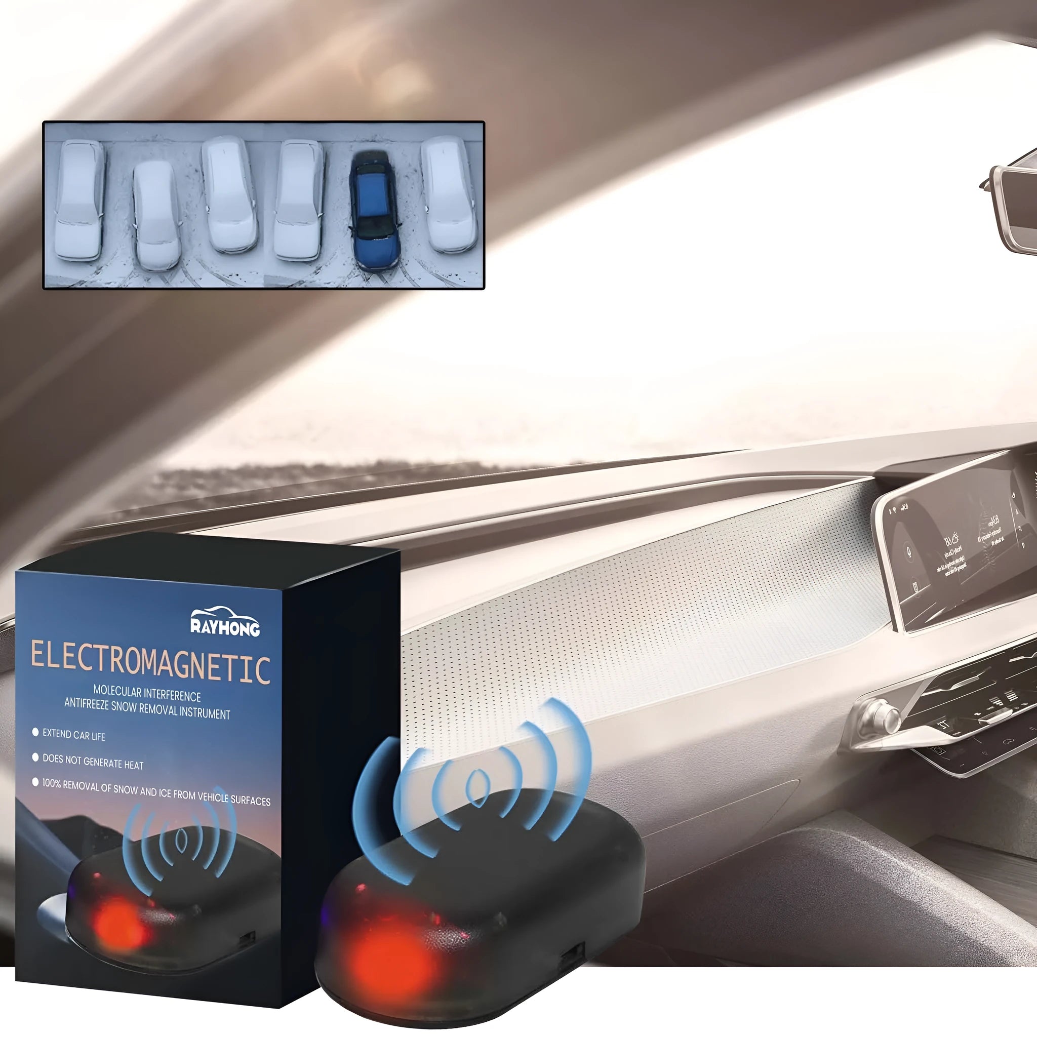A black handheld car de-icer tool for melting snow and ice on windscreens.