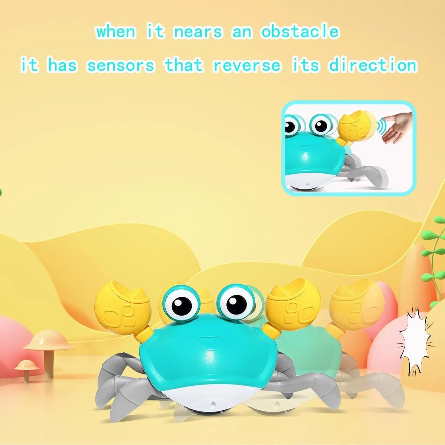 Blue or red crawling crab dog toy with obstacle avoidance sensor and colourful lights