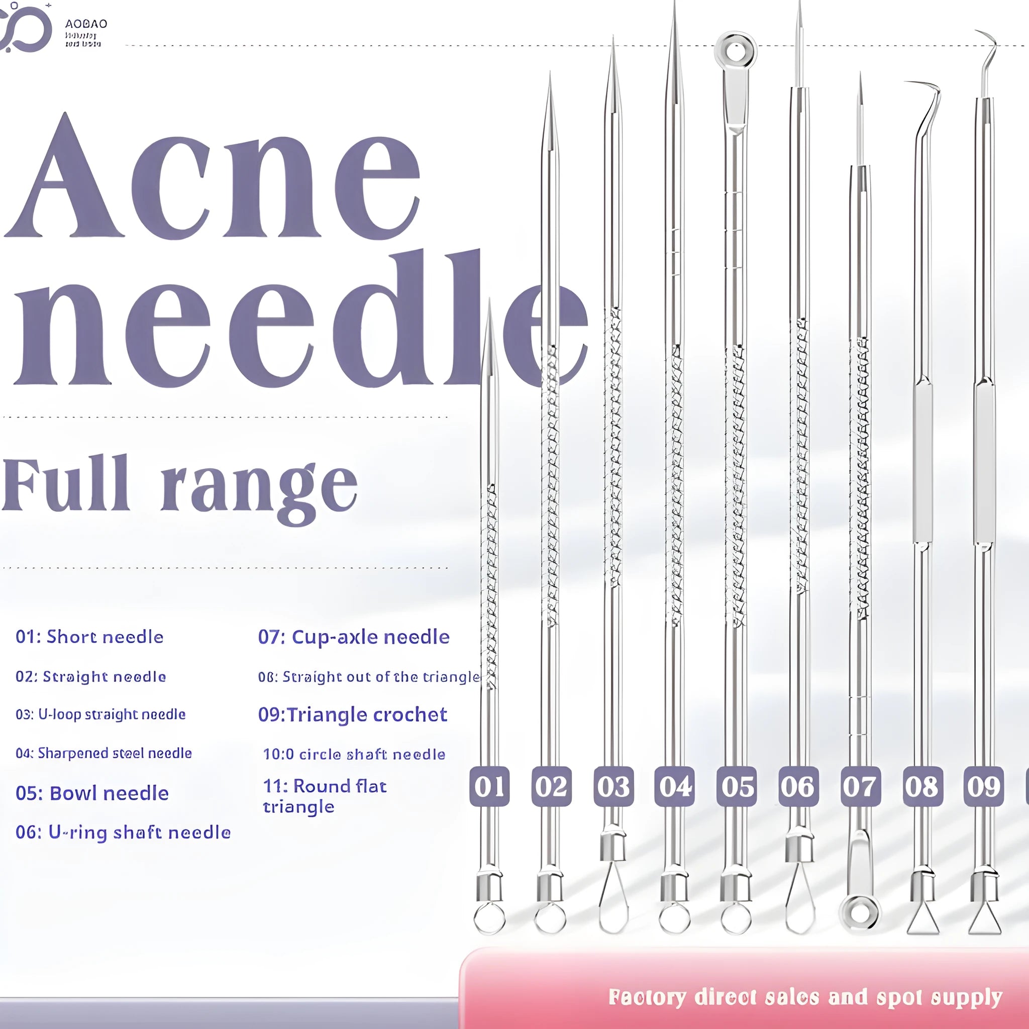 4-piece metal acne needle set with ultra fine pointed tips on silver background