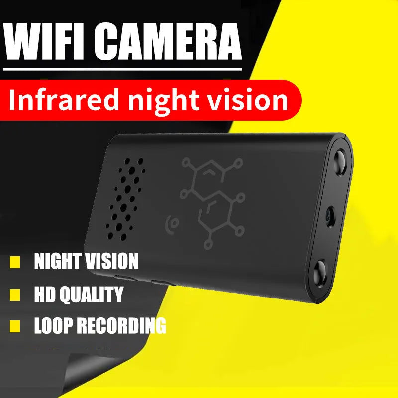 Black smart indoor security camera with WiFi for mobile phone viewing.