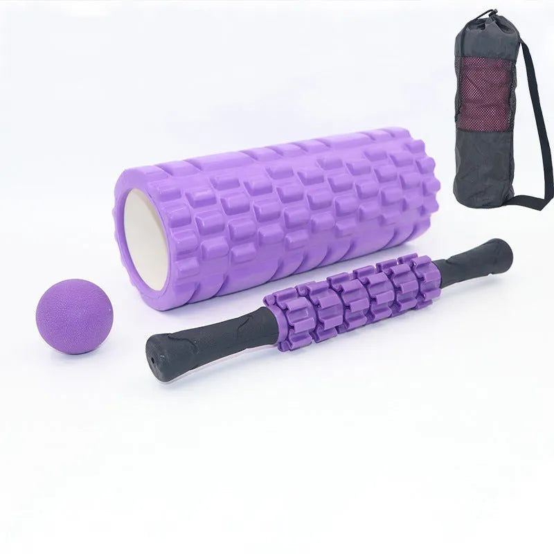 Black fitness foam roller measuring 33cm length with six massage pieces for muscle therapy