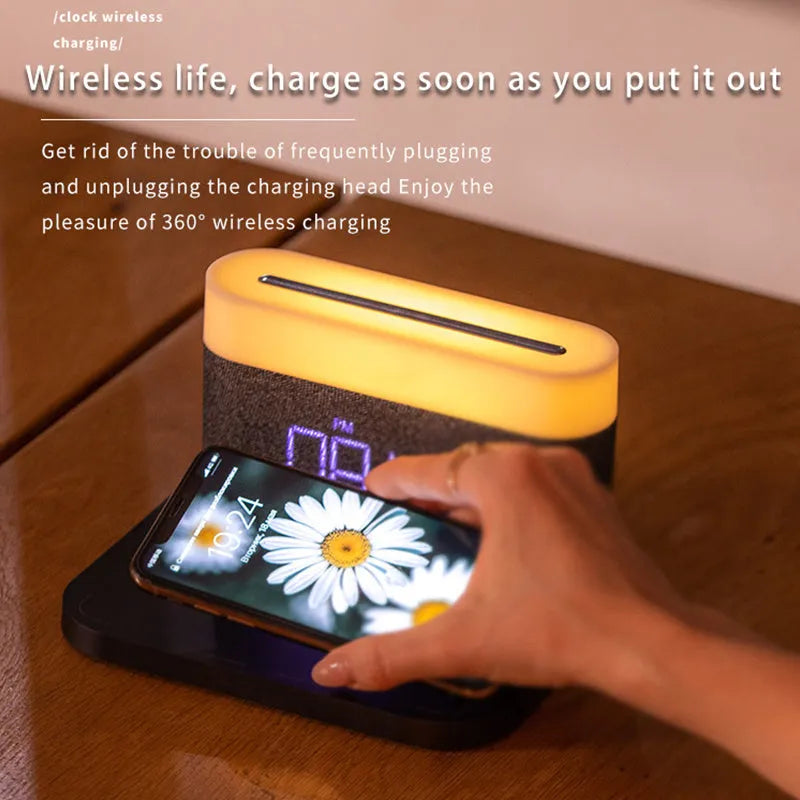 Wireless charger desktop clock night light table lamp in black or white with glass construction