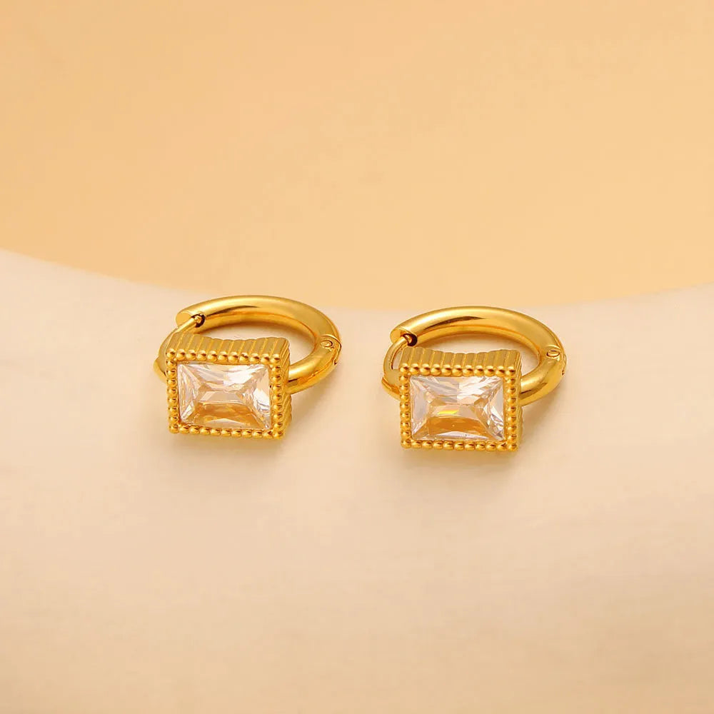 Square geometric zircon earrings in stainless steel with electroplated white, black, or green finish