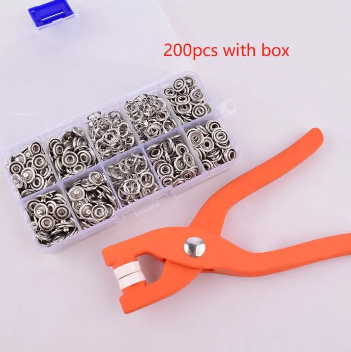 Stainless steel five claw no-sew suit buttons with pliers tool for children's clothing.