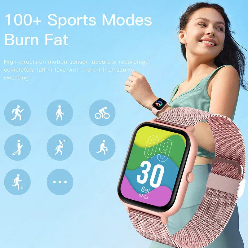 ZL54C smart watch with AMOLED screen showing health stats, available with black, pink, or silver Milan steel strap.