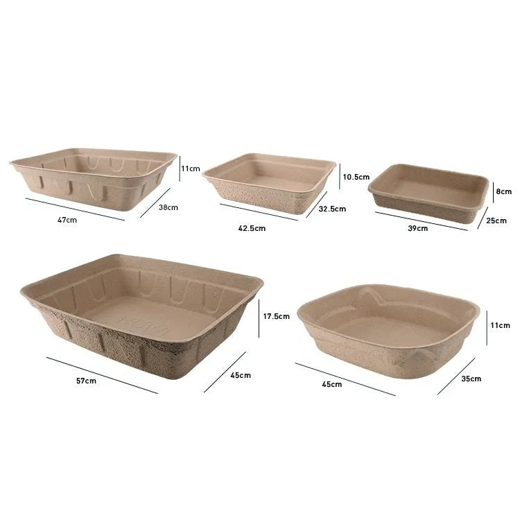 Brown disposable waterproof cat litter box shown in three different sizes.