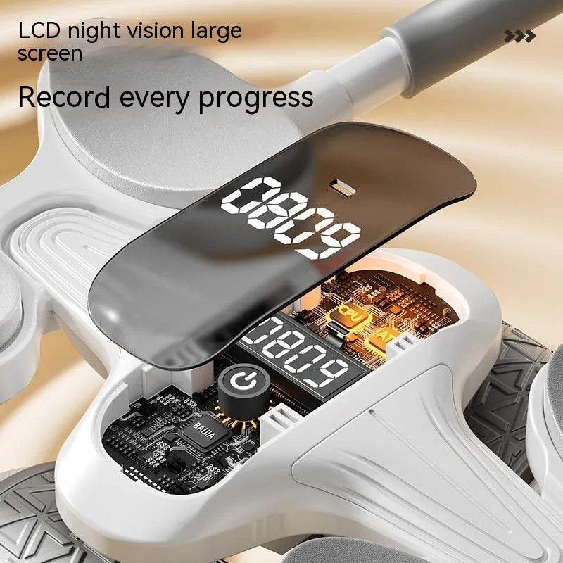 White fitness roller with LCD screen for belly contracting and calorie counting workouts