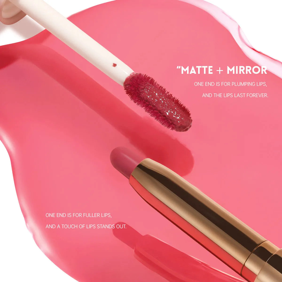 Double-headed lipstick and lip gloss in matte finish showing 10 colour options numbered 01 to 10