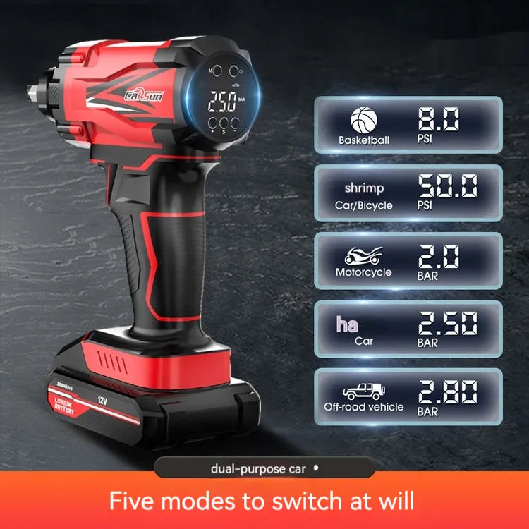 Red and black portable car air pump with digital display, power cable, and set of inflation nozzles on a grey background.