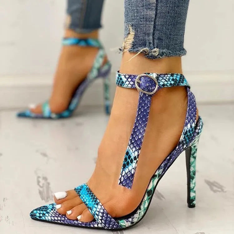 Blue women's stiletto heels with hollow out design and buckle closure in large sizes 34-43