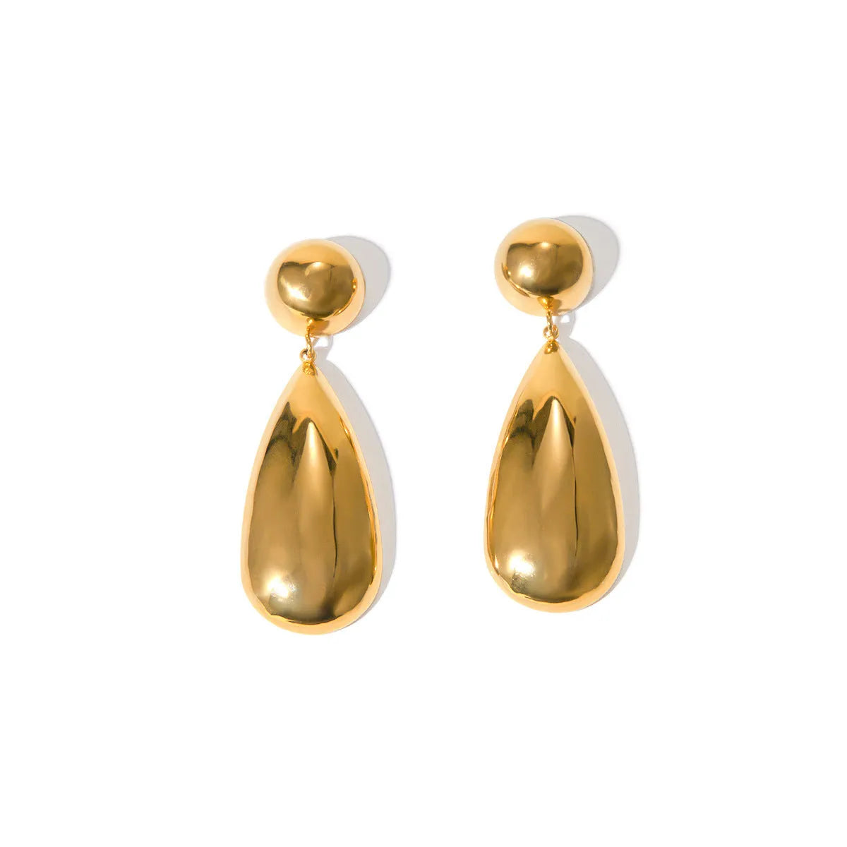 Gold geometric water drop earrings with hemisphere pendant design on stainless steel
