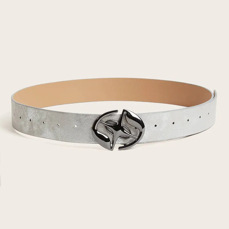 Retro oval alloy buckle on a thick grey white PU leather ladies belt, shown laid flat.