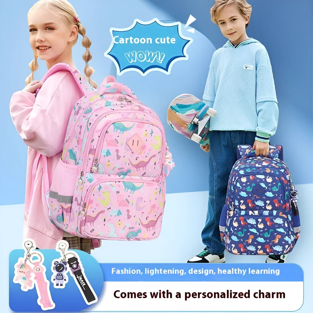 Blue children's waterproof school backpack with dinosaur print and curved shoulder straps