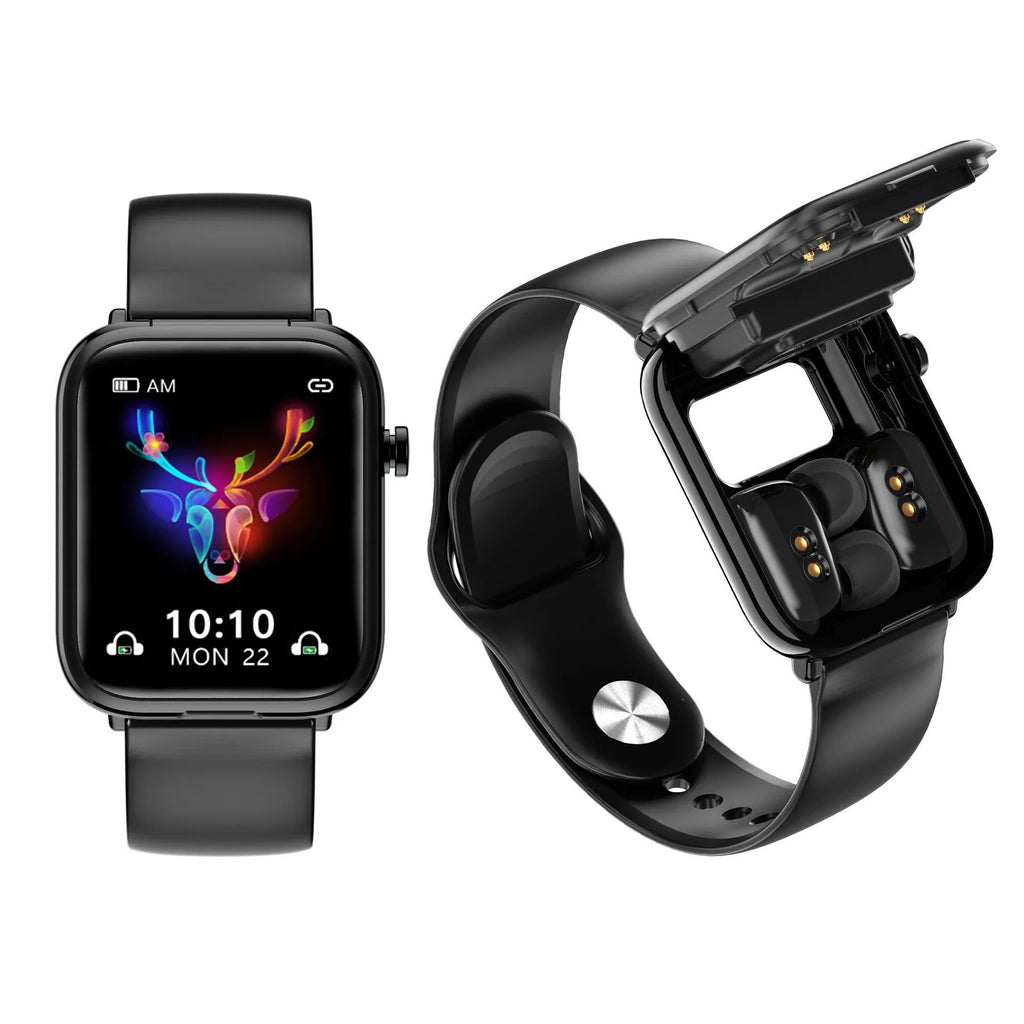 Black smartwatch with touch screen and detachable Bluetooth earbuds in charging case