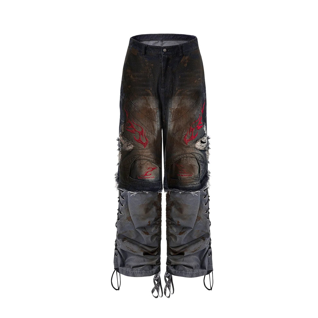 Men's retro jeans with detachable legs showing wide leg loose fit and mid-high waist