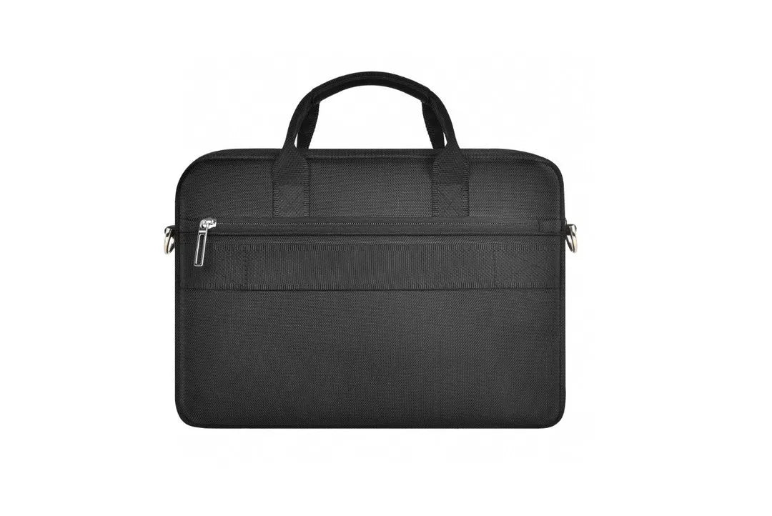 Black Oxford cloth laptop backpack with multiple organisational pockets and lock feature