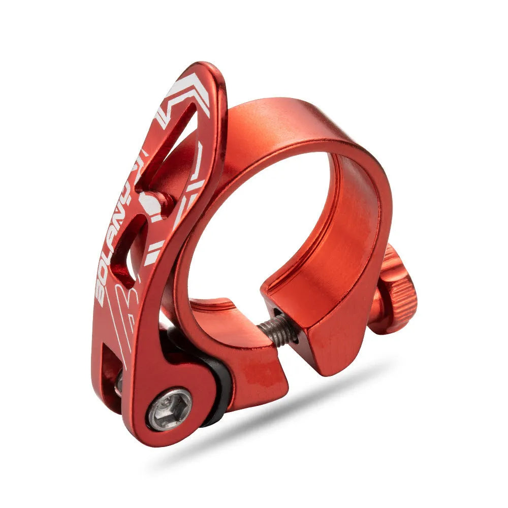 Aluminium alloy bicycle seat post clamp in black, blue, gold, or red colour options.