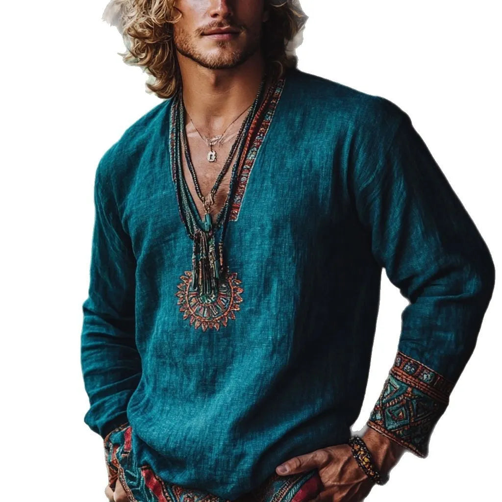 Women's vintage printed boho style long sleeve pullover top in European retro design