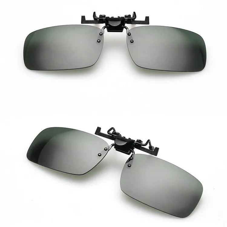 A clip-on sunglasses attachment for prescription glasses, shown in large and small sizes with grey, dark green, and night vision tinted PC lenses.