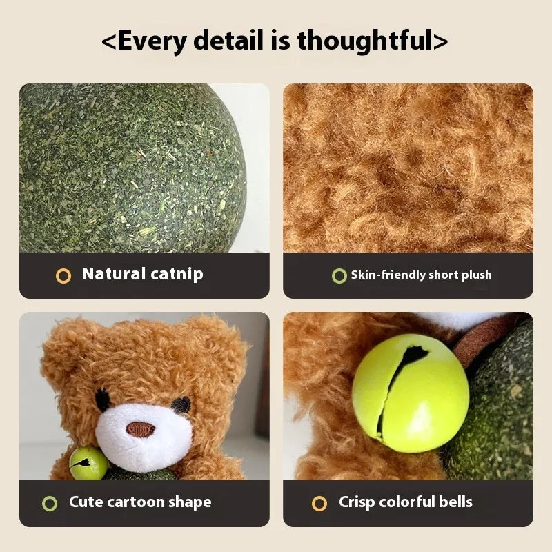 15cm plush catnip ball toy with mint scent and bell in brown bear design