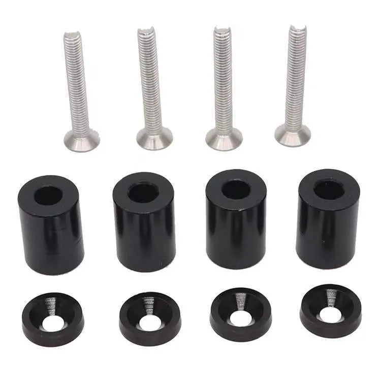 Aluminium engine cover spacer pack with screws and nuts in black, blue, or red.