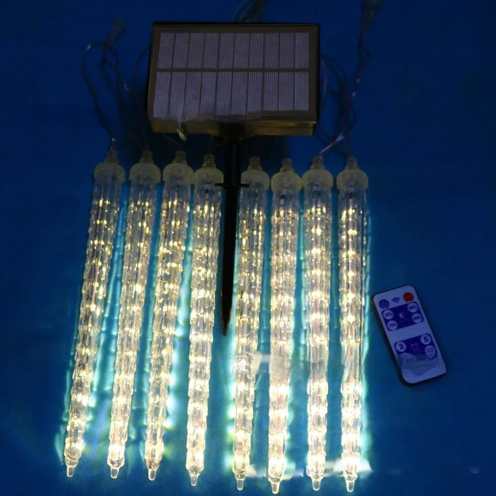 Solar LED ice cone meteor shower Christmas lamp with remote control in flower-shaped plastic design