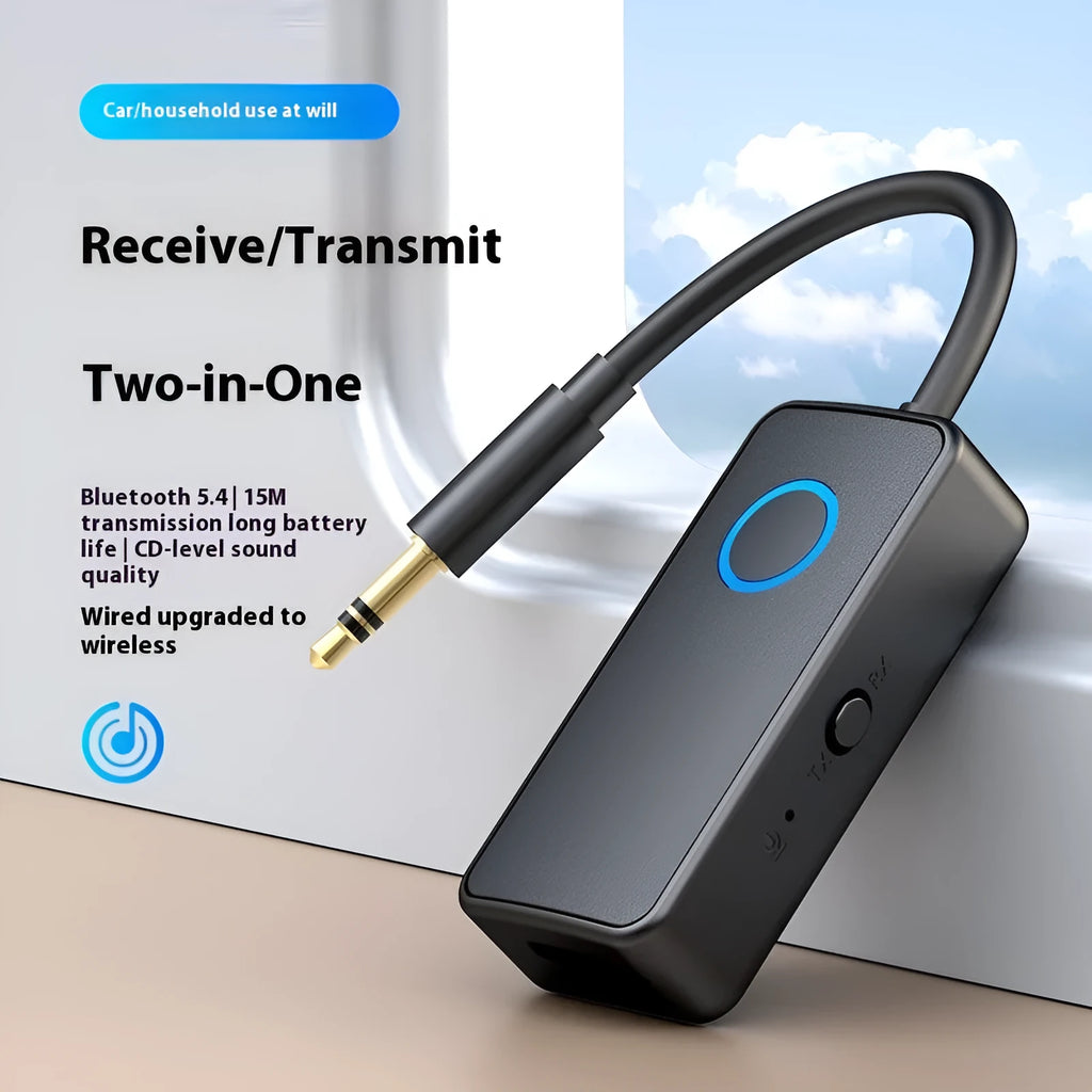 Black Bluetooth 5.4 audio adapter with 3.5mm plug for wireless streaming.