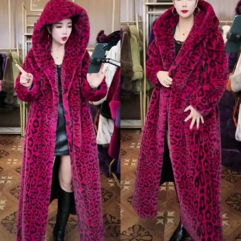 Brown leopard print plus size faux fur coat with 100cm length on female model