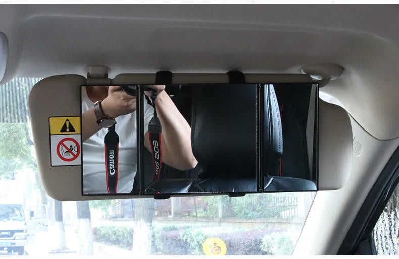 Silver car folding makeup mirror shown both closed and opened, with ABS plastic frame and glass mirror.
