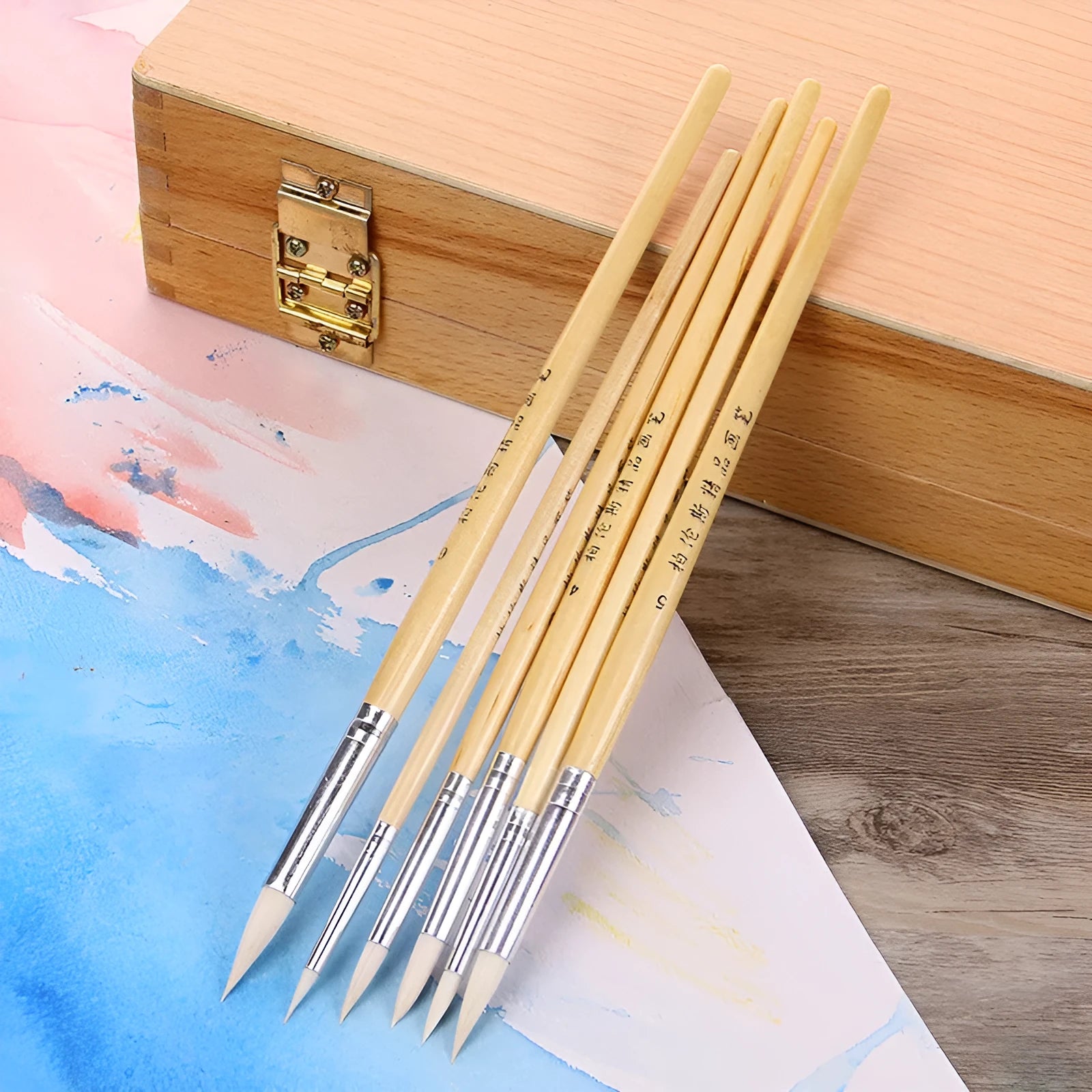 Six-piece artistic wooden pointed hook pen brush set for conventional painting and wool line work