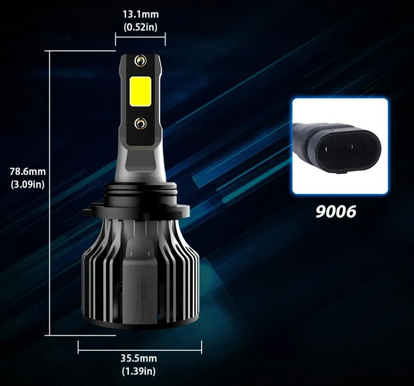 Car LED headlight bulb kit showing 6000K white light, 72W power rating, and compatible model numbers like H7 and 9005.
