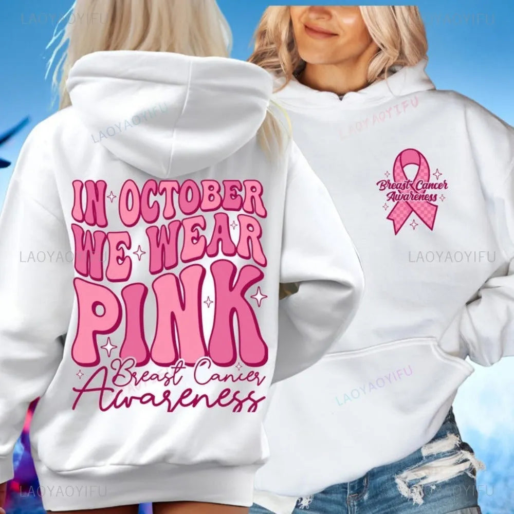 Pink Breast Cancer Awareness pullover hoodie with art retro design and side seam pocket.