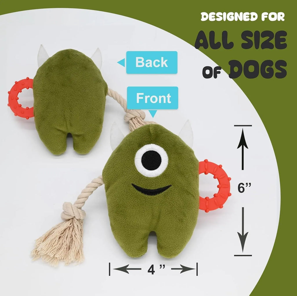 Blue and green monster design plush dog toy with integrated cotton rope tug handles and squeaker inside.