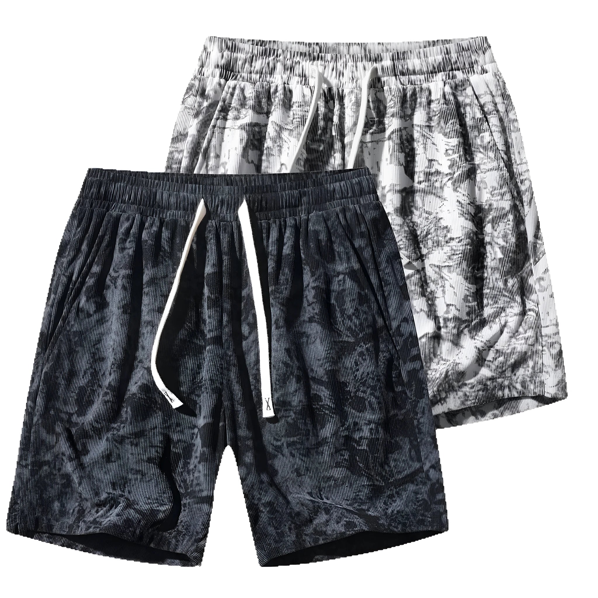 Men's camouflage pattern corduroy athletic shorts with high waist and straight leg design