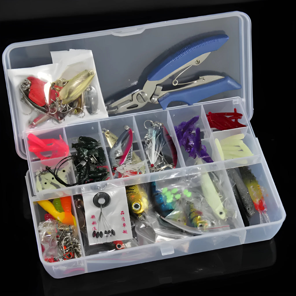 132-piece fishing lure set with soft baits and high carbon steel hooks in rose red treasure colour