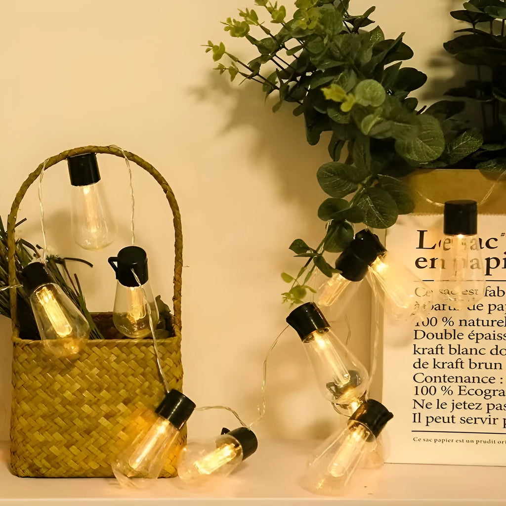 Waterproof outdoor retro bulb string lights showing infusion bottle shape and multiple length options