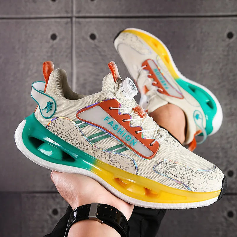 Men's low-top mesh sports shoes in beige orange with an elastic band and a round toe.