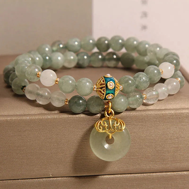 Women's double-layer aventurine jade bracelet with peace buckle in oil green colour