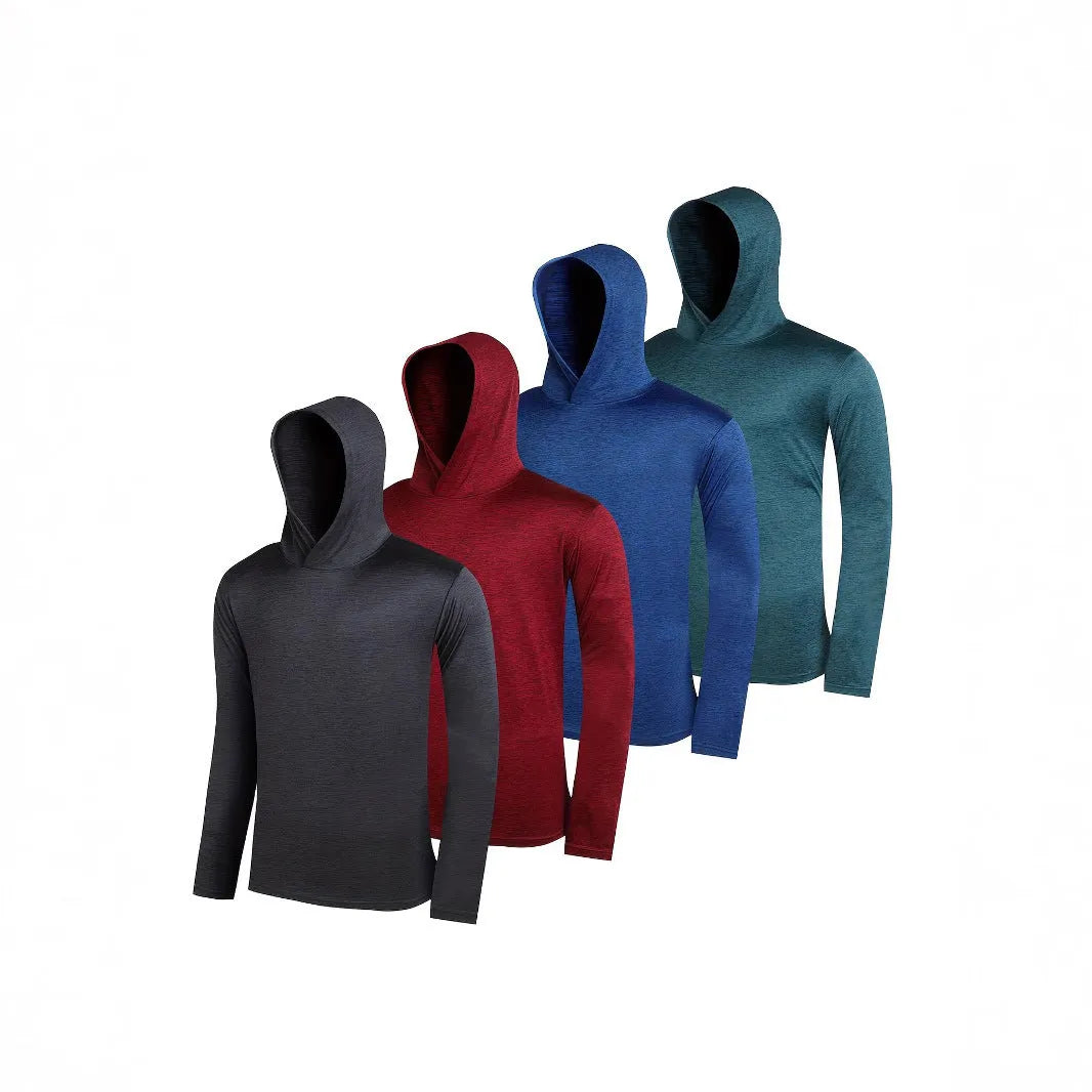 Four folded men's lightweight polyester hoodies from a multipack, shown in a solid colour.